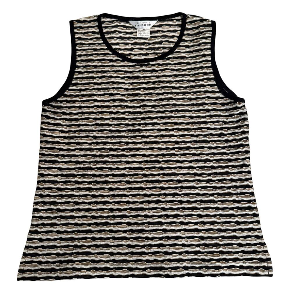 Exclusively Misook Tank Top Sleeveless Textured Knit Black White Tan Medium